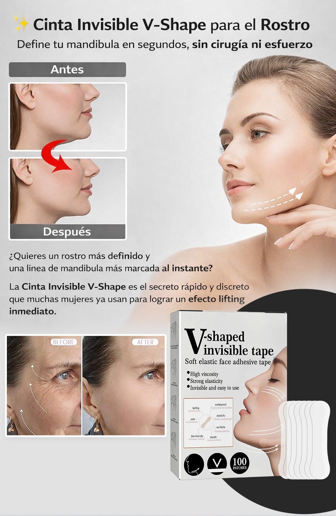 V-Shape Lift™ – Cinta Facial Invisible Efecto Lifting